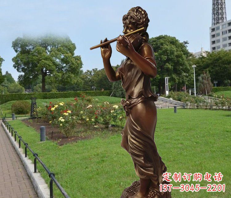 厦门吹笛子的美女城市花园景观玻璃钢仿铜雕塑