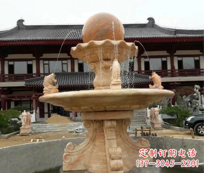 厦门双层风水球喷泉晚霞红石雕