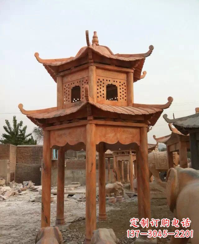厦门晚霞红双层凉亭石雕