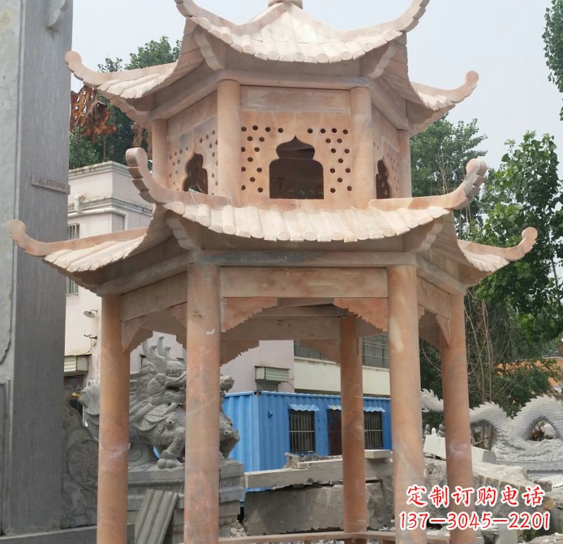 厦门晚霞红双层六角凉亭石雕 (2)