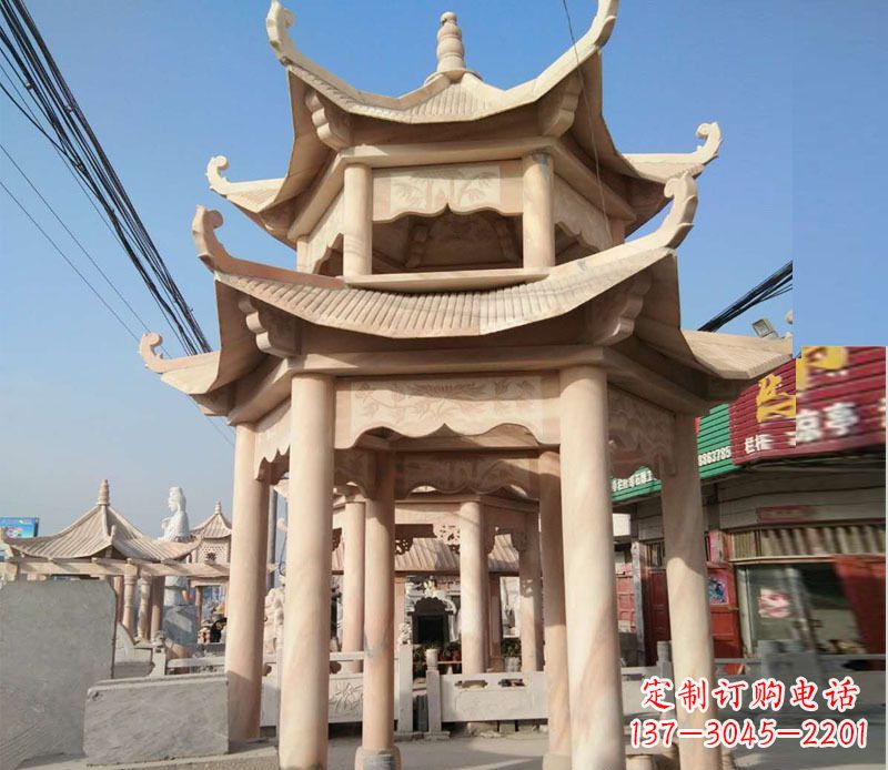 厦门晚霞红双层六角凉亭石雕 (3)