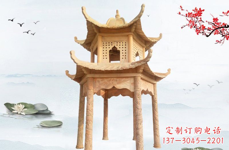 厦门晚霞红双层六角凉亭石雕