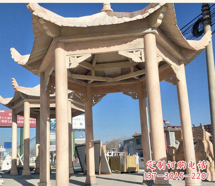 厦门园林景观晚霞红六角石雕凉亭 (2)