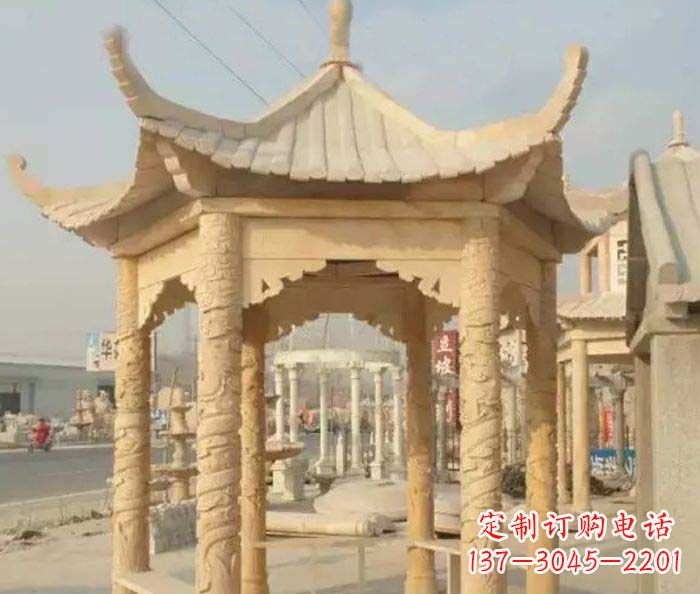 厦门园林景观晚霞红六角石雕凉亭 (3)