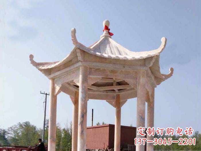 厦门园林景观晚霞红六角石雕凉亭