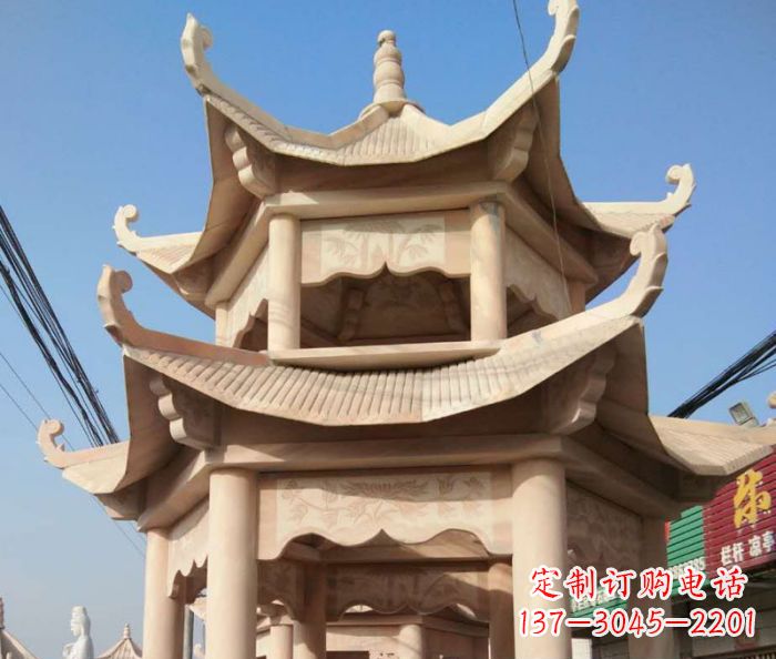 厦门园林景观晚霞红双层石雕凉亭 (2)