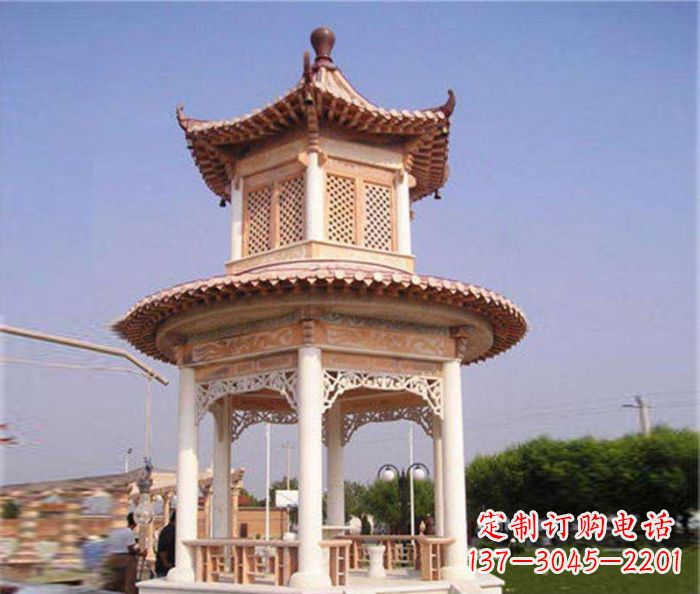 厦门园林景观晚霞红双层石雕凉亭 (4)