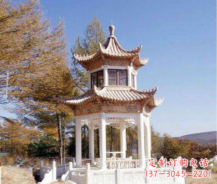 厦门园林景观晚霞红双层石雕凉亭 (3)