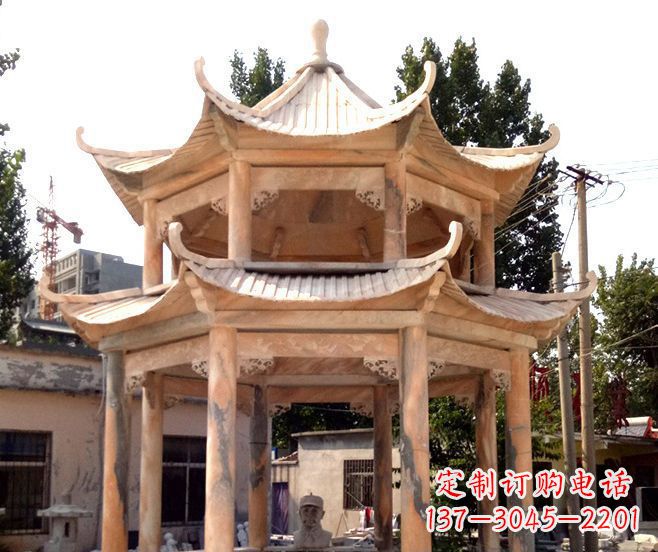 厦门园林景观晚霞红双层石雕凉亭