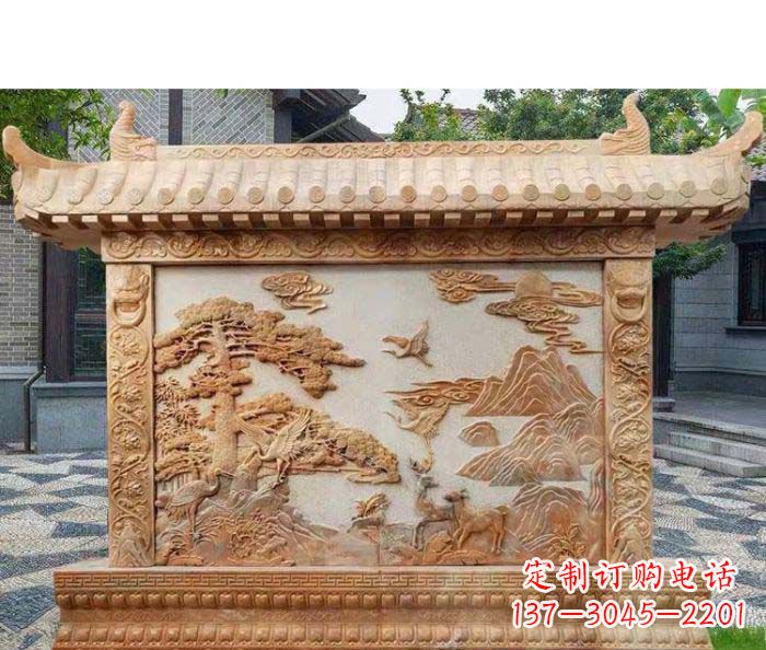 厦门园林景观晚霞红松鹤石浮雕影壁